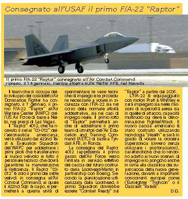 Consegnato all'USAF il primo F22