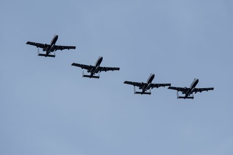 Four A-10 Thunderbolt II attack aircraft fly over Ämari Air Base, Estonia, May 1, 2015. The U.S. is committed to acting collectively with NATO allies and the international community to address security challenges in Europe and around the world. (U.S. Air Force photo by Senior Airman Rusty Frank/Released)