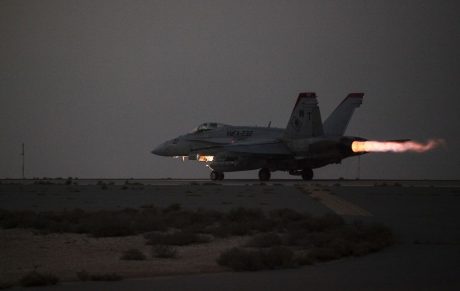A U.S. Marine Corps F/A-18 Hornet from Marine Fighter Attack Squadron 232, Special Purpose Marine Air-Ground Task Force—Crisis Response—Central Command, launches for a strike mission in Southwest Asia, June 10, 2015. Pilots of VMFA-232 support Combined Joint Task Force – Operation Inherent Resolve with a combination of surveillance flights and kinetic strike missions, enabling Iraqi Security Forces in their fight against the Islamic State of Iraq and the Levant. (U.S. Marine Corps Photo by Cpl. Leah Agler)