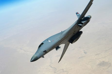 A U.S. Air Force B-1B Lancer departs after refueling from a USAF KC-135 Stratotanker from the 340th Expeditionary Air Refueling Squadron over Southwest Asia during a mission in support of Operation Inherent Resolve, July 23, 2015. OIR is the military intervention against Daesh. (U.S. Air Force photo by Staff Sgt. Sandra Welch)