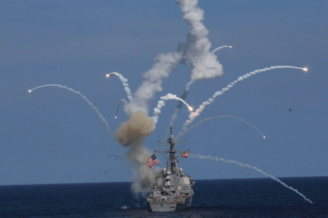Missile exploding over USS The Sullivans