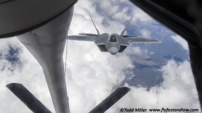 F-22A Tyndall AFB, 325 FW incoming.  In Flight Refueling from KC-135 by the 92 ARS Fairchild AFB during Red Flag 15-3.