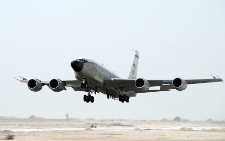An RC-135 Rivet Joint from the 45th Expeditionary Reconnaissance Squadron takes off for a mission here Aug. 26, 2008. The 45 ERS supports theater and national-level consumers with near real-time on-scene intelligence collection, analysis and dissemination. (U.S. Air Force by Tech. Sgt. Michael Boquette)