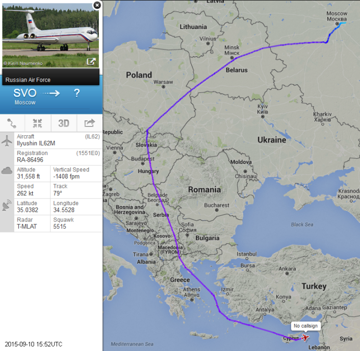 Russian Air Force Il-62 to Syria avoiding Bulgaria