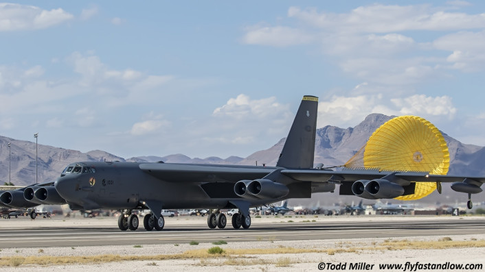 B-52H of the 69th Bomb Squadron from Minot AFB lands at Nellis AFB after Red Flag sortie