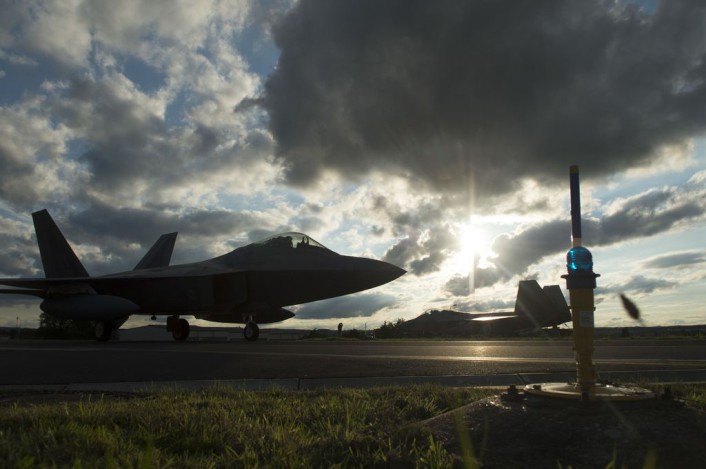 Two F-22 Raptor fighter aircraft assigned to the 95th Fighter Squadron at Tyndall Air Force Base, Fla., taxi to hardened aircraft shelters at Spangdahlem Air Base, Germany, Aug. 28, 2015. The U.S. Air Force deployed four F-22s, one C-17 Globemaster III and more than 50 Airmen to Spangdahlem in support of the first F-22 European training deployment. The inaugural F-22 training deployment to Europe is funded by the European Reassurance Initiative, a $1 billion pledge announced by President Obama in March 2014. (U.S. Air Force photo by Airman 1st Class Luke Kitterman/Released)