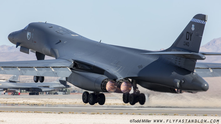 B1-B "Last Lancer" from the 7th BW, 9th BS "Bats" out of Dyess AFB Texas launches on a Red Flag 16-1 sortie, Nellis AFB.