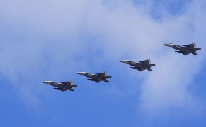 Four U.S. Air Force F-22 "Raptor" fighter aircraft from Kadena Air Base, Japan, conducted a flyover in the vicinity of Osan Air Base, South Korea, in response to recent provocative action by North Korea Feb. 17, 2016. The Raptors were joined by four F-15 Slam Eagles and U.S. Air Force F-16 Fighting Falcons. The F-22 is designed to project air dominance rapidly and at great distances and currently cannot be matched by any known or projected fighter aircraft. (U.S. Air Force photo by Song, Kyong Hwan/Released)