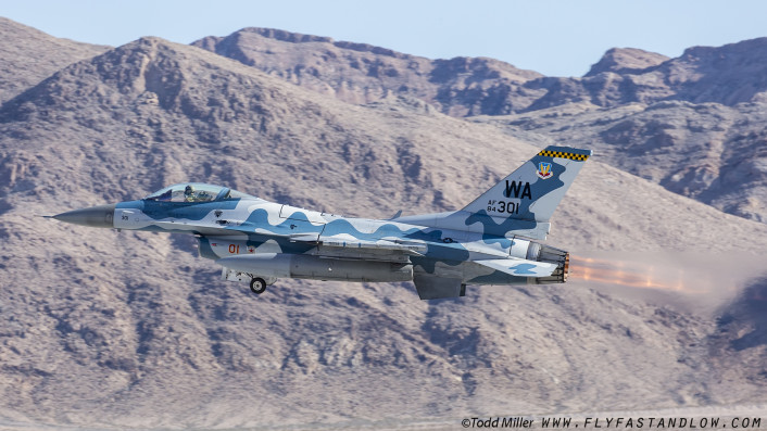 F-16C of the Nellis AFB based 64th Aggressor Sqd launches for Red Flag 16-1 sortie.