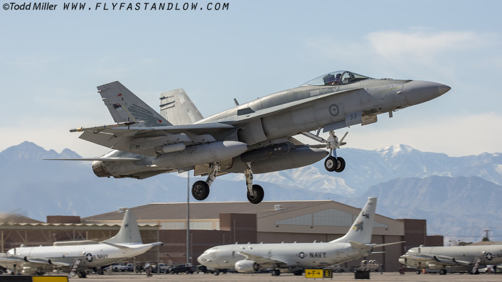 F/A-18A of the RAAF 75 SQN, RAAF Base Tindal launches from Nellis AFB on Red Flag 16-1 sortie.