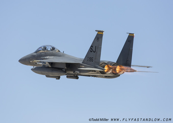 F-15E of the 4th FW and 336 FS of Seymour Johnson AFB launches from Nellis AFB for Red Flag 16-2 sortie.