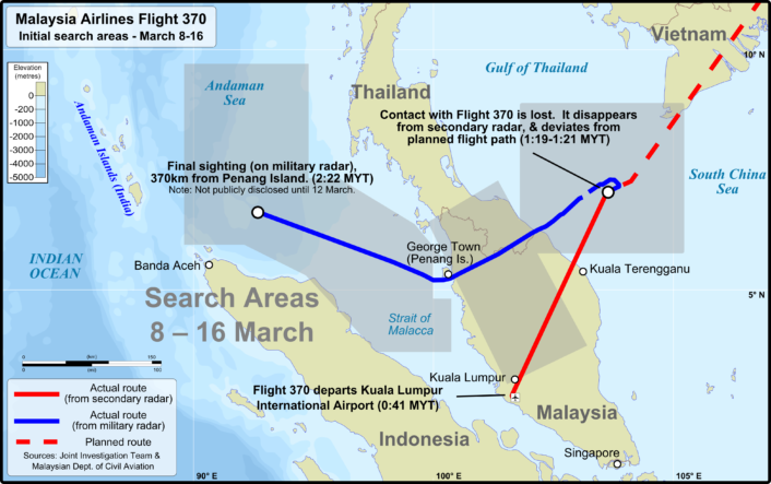 MH370 route with initial search (credit: Wiki)