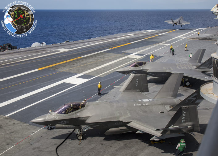 F-35C from VFA-101 "Grim Reapers" performs a touch and go on the USS George Washington (CVN-73) during DT-III with VX-23 August 15, 2016 VX-23 "Salty Dogs" F-35C in foreground aside another VFA-101 F-35C.
