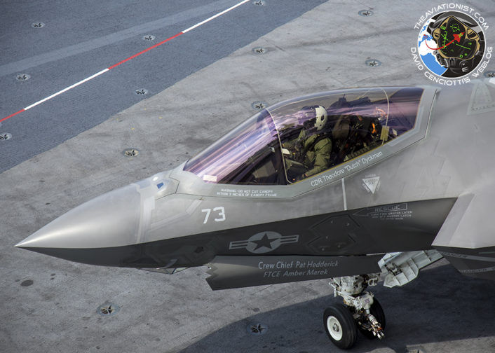 F-35C from VX-23 "Salty Dogs" waits to cross the deck for fueling. During DT-III on the USS George Washington (CVN-73) Monday, August 15.
