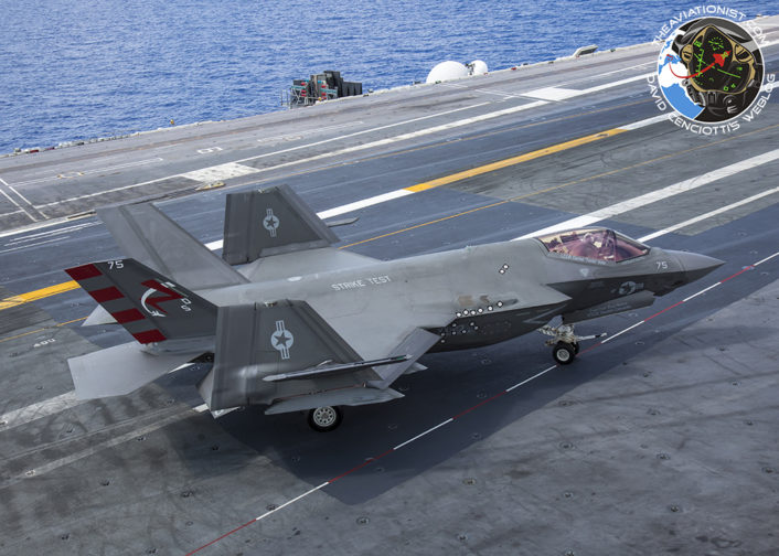 F-35C from VX-23 "Salty Dogs" crosses the deck after fueling, on the way to the catapults. During DT-III on the USS George Washington (CVN-73) Monday, August 15.