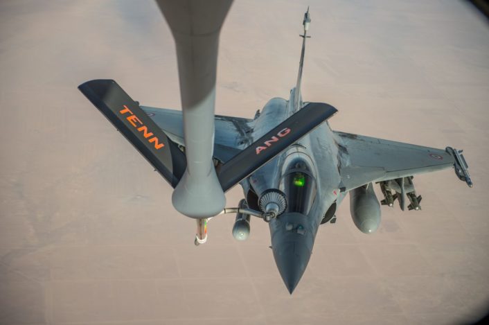 A French Air Force Rafale receives fuel from a KC-135 Stratotanker over Iraq in support of Operation Inherent Resolve Oct 17, 2016. The KC-135 provides the core aerial refueling capability for the U.S. Air Force and has excelled in this role for more than 50 years. (U.S. Air Force photo by Staff Sgt. Douglas Ellis/Released)