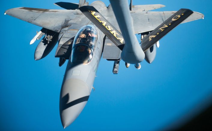 A U.S. Air Force F-15 Strike Eagle approaches a KC-135 Stratotanker over Iraq in support of Operation Inherent Resolve Oct 6, 2016. The KC-135 provides the core aerial refueling capability for the U.S. Air Force and has excelled in this role for more than 50 years. (U.S. Air Force photo by Staff Sgt. Douglas Ellis/Released)