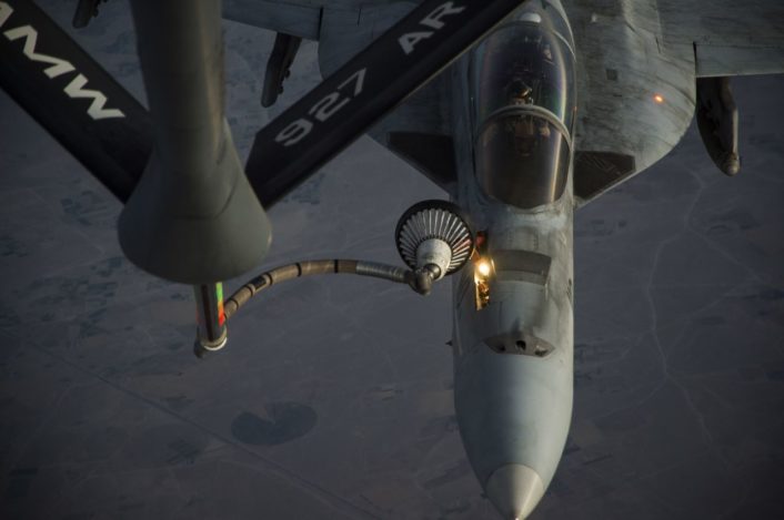 A U.S. Navy F/A-18 Super Hornet receives fuel from a KC-135 Stratotanker over Iraq Sept. 28, 2016. Airmen from the 340th Expeditionary Air Refueling Squadron refueled U.S. Navy F/A-18 Super Hornets over Iraq in support of Combined Joint Task Force-Operation Inherent Resolve. The U.S. and more than 60 coalition partners work together to eliminate Daesh and the threat they pose to Iraq and Syria. (U.S. Air Force photo/Tech. Sgt. Larry E. Reid Jr., Released)