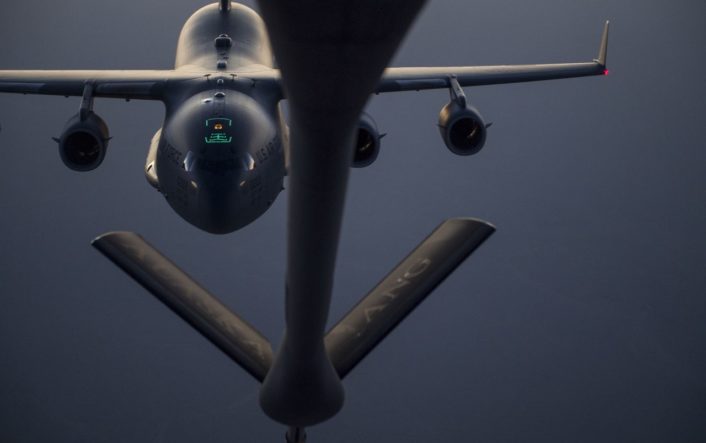 A C-17 Globemaster III approaches a KC-135 Stratotanker before performing a refueling mission over Iraq in support of Operation Inherent Resolve September 15, 2016. The KC-135 provides the core aerial refueling capability for the U.S. Air Force and has excelled in this role for more than 50 years. (U.S. Air Force photo by Staff Sgt. Douglas Ellis/Released)