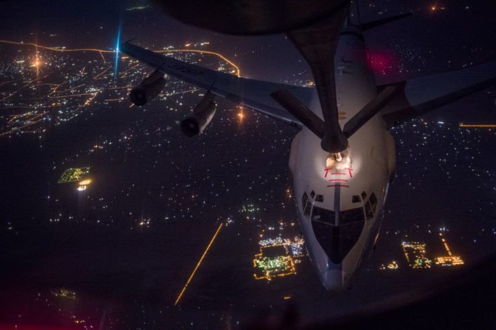 A U.S. Air Force E-3 Sentry receives fuel from a KC-135 Stratotanker during a refueling mission over Iraq in support of Operation Inherent Resolve September 16, 2016. The KC-135 provides the core aerial refueling capability for the U.S. Air Force and has excelled in this role for more than 50 years. (U.S. Air Force photo by Staff Sgt. Douglas Ellis/Released)