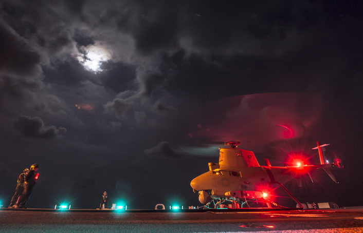 150501-N-VO234-059 SOUTH CHINA SEA (May 1, 2015) An MQ-8B Fire Scout unmanned aircraft system from Helicopter Maritime Strike Squadron (HSM) 35 performs ground turns aboard the littoral combat ship USS Fort Worth (LCS 3).  Fort Worth is on a 16-month rotational deployment in support of the Indo-Asia-Pacific Rebalance. (U.S. Navy photo by Mass Communication Specialist 2nd Class Conor Minto/Released)