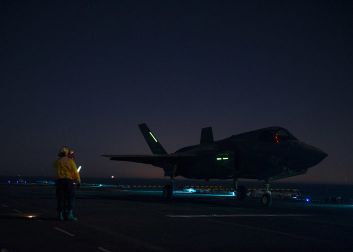 161113-N-VR008-0097 PACIFIC OCEAN (Nov. 13, 2016) Sailors assigned to amphibious assault ship USS America (LHA 6) prepare to launch an F-35B Lightning II aircraft from the flight deck during flight operations. The F-35B short takeoff/vertical landing (STOVL) variant is the world’s first supersonic STOVL stealth aircraft. America, with Marine Operational Test and Evaluation Squadron 1 (VMX-1), Marine Fighter Attack Squadron 211 (VMFA-211) and Air Test and Evaluation Squadron 23 (VX-23) embarked, are underway conducting operational testing and the third phase of developmental testing for the F-35B Lightning II aircraft, respectively. The tests will evaluate the full spectrum of joint strike fighter measures of suitability and effectiveness in an at-sea environment. (U.S. Navy photo by Petty Officer 3rd Class Kyle Goldberg/Released)