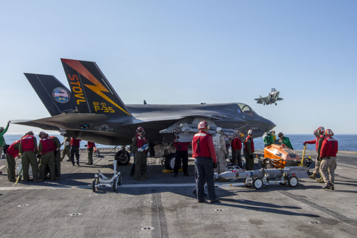 20161103-N-SS390-0xx PACIFIC OCEAN (NOV. 3, 2016) An F-35B Lightning II short takeoff/vertical landing (STOVL) aircraft conducts test operations on the flight deck of amphibious assault ship USS America (LHA 6). The highly diverse cadre of Pax River Integrated Test Force (ITF) technicians, maintainers, engineers, logisticians, support staff and test pilots are embarked for the third and final developmental test phase (DT-III) of F-35B carrier suitability and integration. (Photo by Darin Russell/Released)