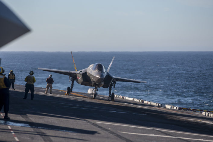 20161107-N-SS390-0xx PACIFIC OCEAN (NOV. 7, 2016) An F-35B Lightning II short takeoff/vertical landing (STOVL) aircraft conducts test operations on the flight deck of amphibious assault ship USS America (LHA 6). BF-1, Flt 614, Mr. Peter Wilsonl & BF-5, Flt 263, Major Rob Guyette test high sea states.  The highly diverse cadre of Pax River Integrated Test Force (ITF) technicians, maintainers, engineers, logisticians, support staff and test pilots are embarked for the third and final developmental test phase (DT-III) of F-35B carrier suitability and integration. (Photo by Darin Russell/Released)