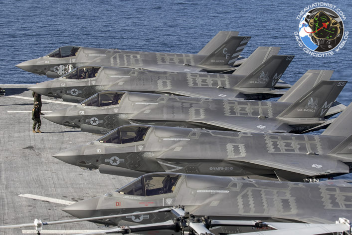F-35Bs from USMC VMFA-211 & VMX-1 on the deck of the USS America (LHA-6) during Carrier capability proof of concept demonstration November 19, 2016.