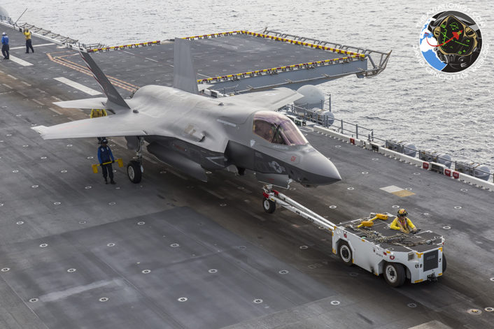 USMC F-35B of VMFA-211 (squadron jet) in transport on the USS America (LHA-6) during the integrated USN & USMC 'proof of concept" demonstration November 19, 2016.
