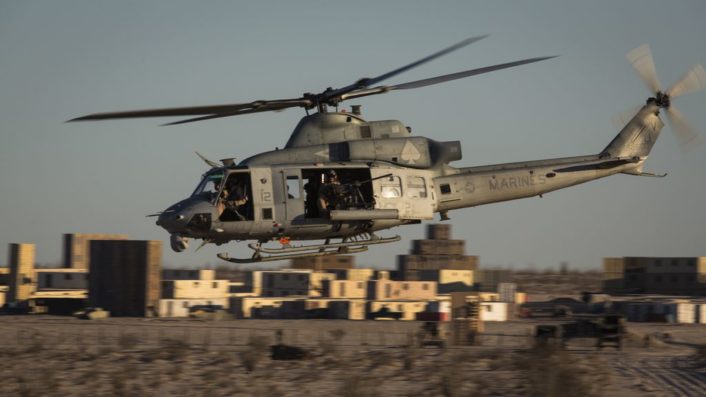 A U.S. Marine Corps UH-1Y Venom assigned to Marine Aviation Weapons and Tactics Squadron One (MAWTS-1) prepares to engage targets during an urban close air support exercise at Yodaville, Yuma, Ariz., Sept. 30, 2016. The urban close air support exercise was part of Weapons and Tactics Instructor Course (WTI) 1-17, a seven-week training event, hosted by MAWTS-1 cadre, which emphasizes operational integration of the six functions of Marine Corps aviation in support of a Marine Air Ground Task Force. MAWTS-1 provides standardized advanced tactical training and certification of unit instructor qualifications to support Marine Aviation Training and Readiness and assists in developing and employing aviation weapons and tactics. (U.S. Marine Corps photo by Lance Cpl. Danny Gonzalez 1st MARDIV COMCAM)