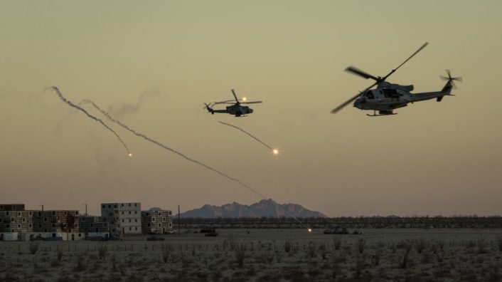 U.S. Marine Corps UH-1Y Venoms assigned to Marine Aviation Weapons and Tactics Squadron One (MAWTS-1) engages targets during an urban close air support exercise at Yodaville, Yuma, Ariz., Sept. 30, 2016. The urban close air support exercise was part of Weapons and Tactics Instructor Course (WTI) 1-17, a seven-week training event, hosted by MAWTS-1 cadre, which emphasizes operational integration of the six functions of Marine Corps aviation in support of a Marine Air Ground Task Force. MAWTS-1 provides standardized advanced tactical training and certification of unit instructor qualifications to support Marine Aviation Training and Readiness and assists in developing and employing aviation weapons and tactics. (U.S. Marine Corps photo by Lance Cpl. Danny Gonzalez 1st MARDIV COMCAM)