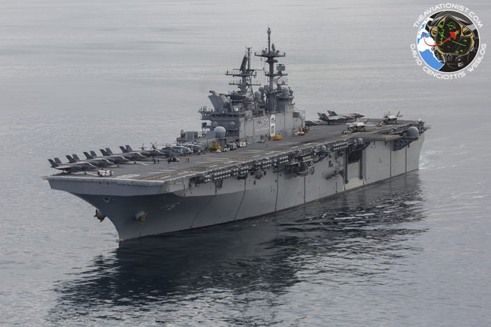 The USS America (LHA-6) cruises off the coast of S. Cal with 10 USMC F-35Bs topside (2 more below) from VMFA-211 & VMX-1, as well as a UH-1Y, AH-1Z, & SH-60. Taken during the "Proof of Concept" demonstration Nov. 19, 2016.