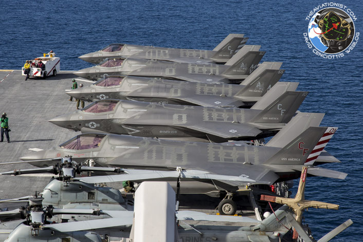 F-35Bs stacked aboard the USS America (LHA-6) during "Proof of Concept" demonstration November 19, 2016. A total of 12 F-35Bs aboard.