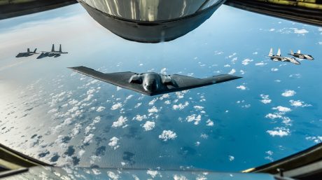 U.S. B-2 Stealth Bomber, Two F-15Cs and Two RAF F-35Bs Integrate During ...