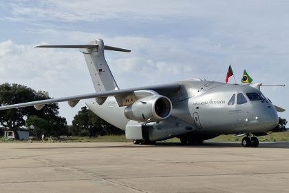 The first Portuguese KC-390 after its landing at Beja air base. (Photo: Portuguese Air Force)