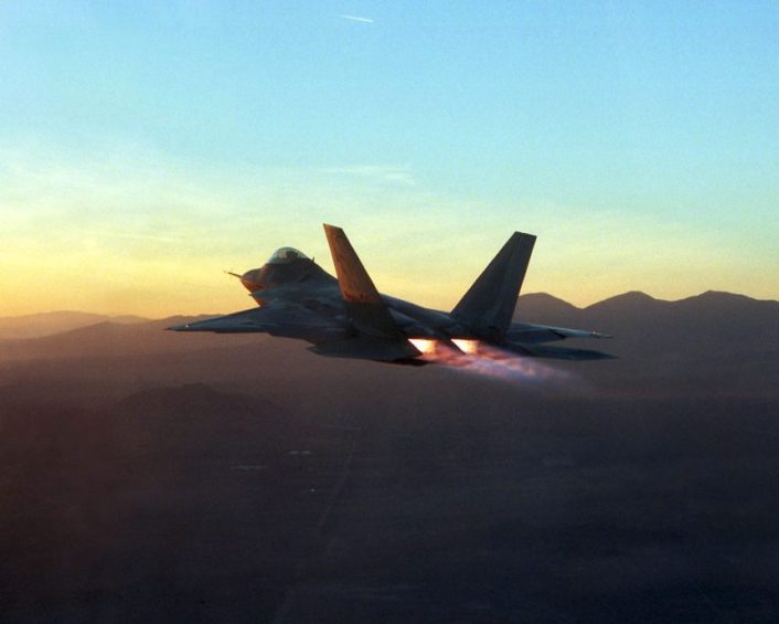 An F-22 Raptor in full afterburner during flight testing at Edwards Air Force Base