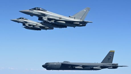 RAF Typhoons and Voyager Tanker Join U.S. Air Force’s B-52H Stratofortress Over Arabian Peninsula in BTF Mission