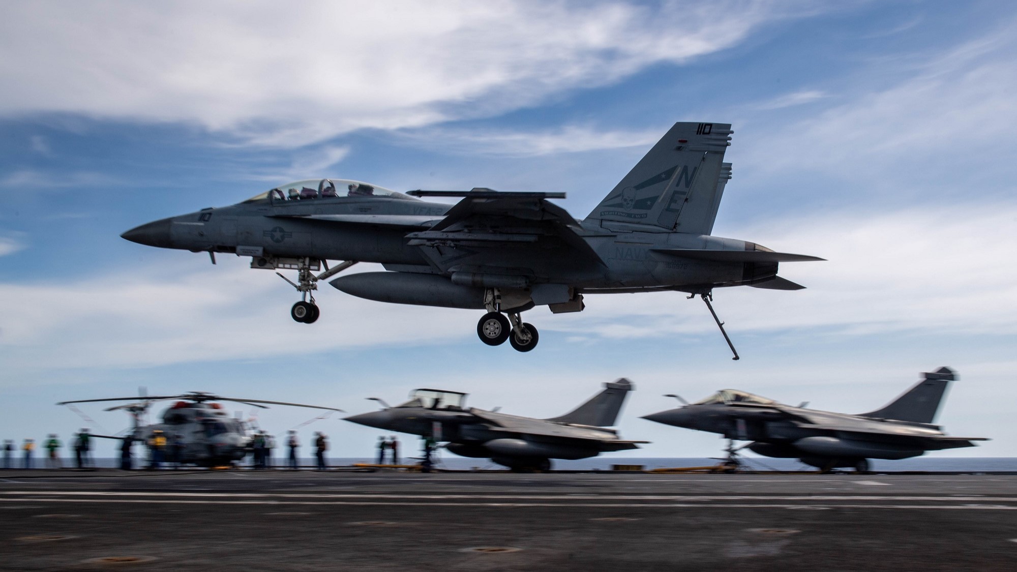 French Navy Rafales and U.S. Navy F/A-18 Super Hornets Perform Cross-Deck Operations During Exercise Pacific Steller