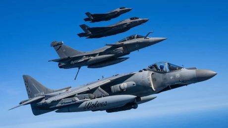 Italian F-35Bs and AV-8B+ Harriers Train with French Rafale Ms