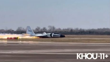 NASA WB-57F Canberra Lands Gear Up at Houston’s Ellington Field