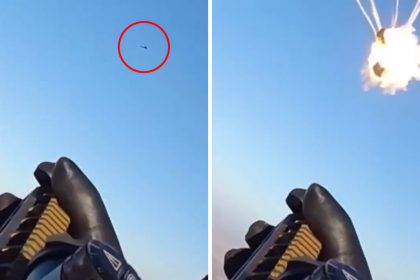 Ukrainian Yak-52 shooting with a rifle at a Russian Geran drone