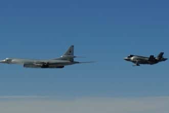 The Russian Tu-160 flying ahead of the Norwegian F-35A Lightning II on Jun. 23, 2026. (Image credit: NATO Air Command)