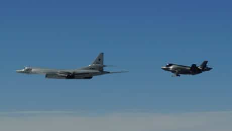 The Russian Tu-160 flying ahead of the Norwegian F-35A Lightning II on Jun. 23, 2026. (Image credit: NATO Air Command)