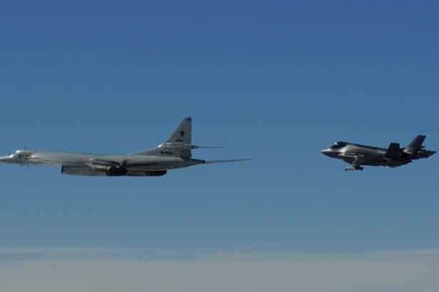 The Russian Tu-160 flying ahead of the Norwegian F-35A Lightning II on Jun. 23, 2026. (Image credit: NATO Air Command)
