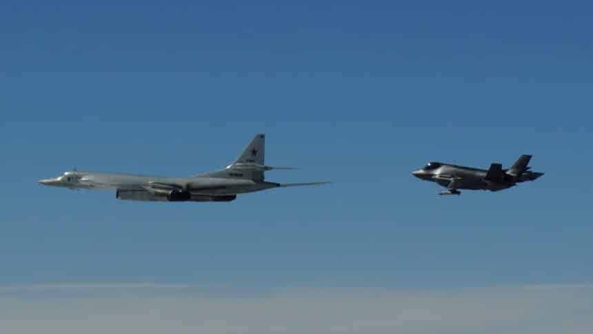 The Russian Tu-160 flying ahead of the Norwegian F-35A Lightning II on Jun. 23, 2026. (Image credit: NATO Air Command)